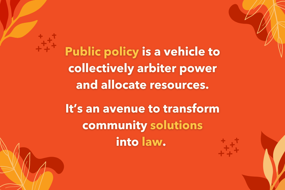 Public policy is a vehicle to collectively arbiter power and allocate resources.  It’s an avenue to transform community solutions into law. 
