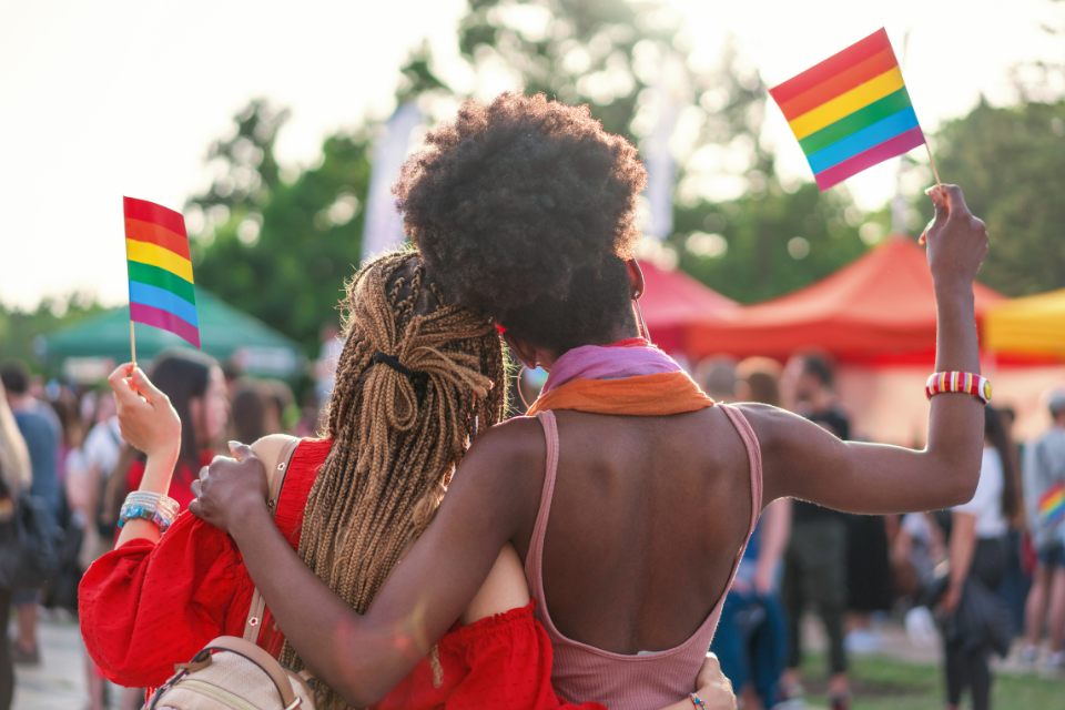 Photo of two black women from the back holding up rainbow pride flags.