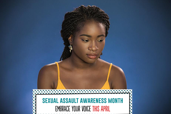 A woman looks away. Banner says "Sexual Assault Awareness Month. Embrace your voice this April"