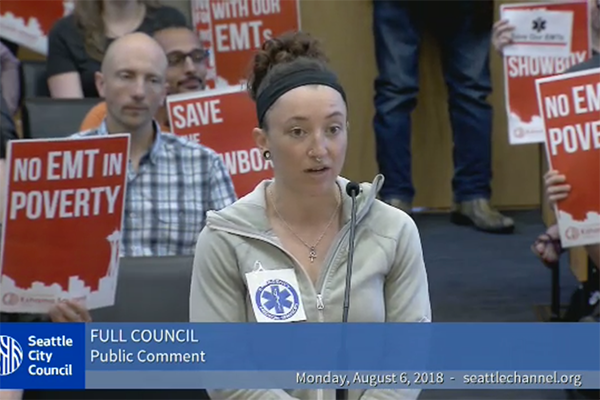 EMTs speak before the Seattle City Council