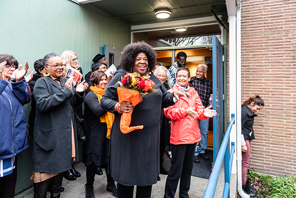 Patricia Hayden and Maria Chavez Wilcox stand outside the newly-rededicated Phillis Wheatley Branch