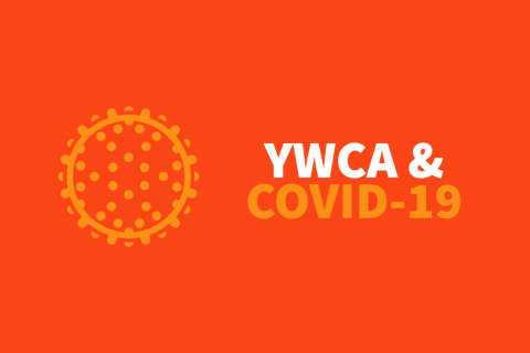 Virus icon with text that says "YWCA & COVID-19"