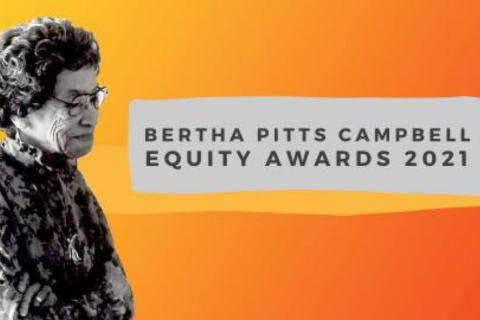 Black and white picture of Bertha Pitts Campbell on gradient orange background with text that says "Bertha Pitts Campbell Equity Awards 2021"