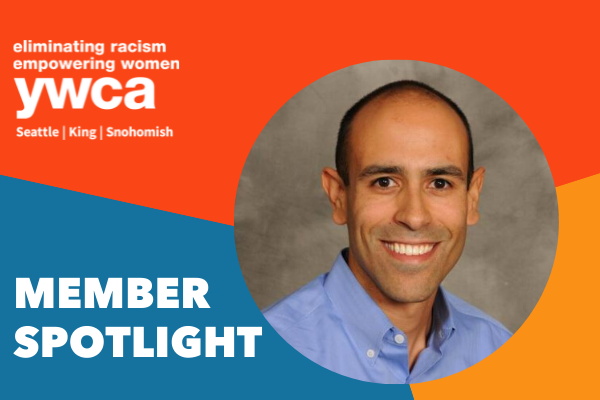 Graphic with three colors, YWCA's logo, a picture of Rafael Grijalva, and the words "MEMBER SPOTLIGHT"