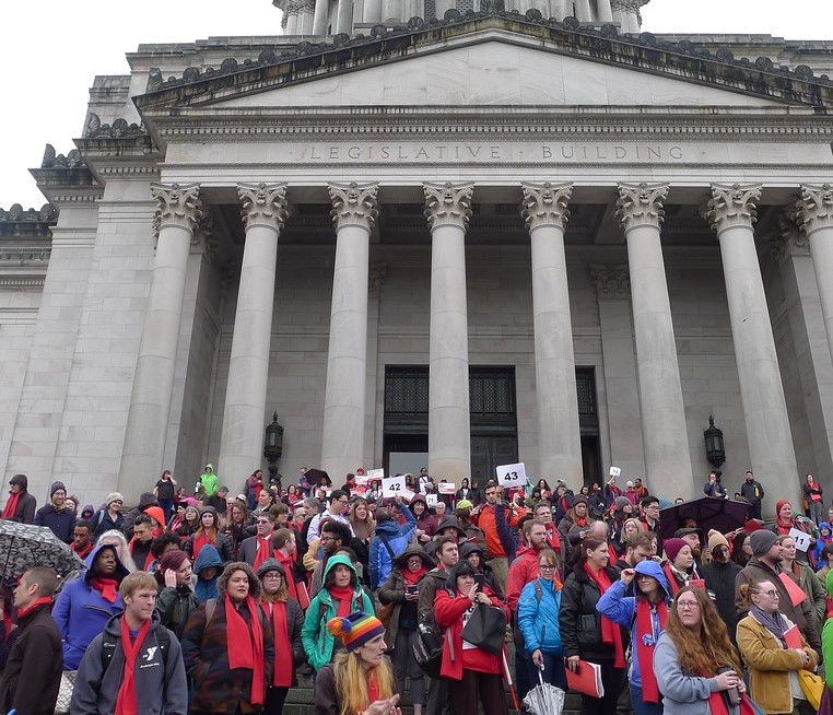 Large group of advocates standing on the steps of a capital building. 