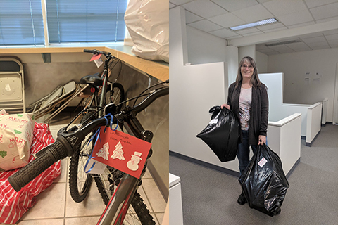 Left side: Bicycle donated during holidays. Right side: Volunteer with holiday gift donations.