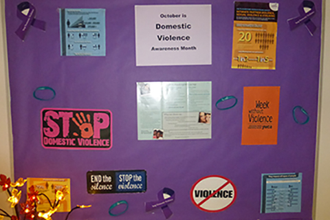 Display of Domestic Violence Awareness Month resources on bulletin board