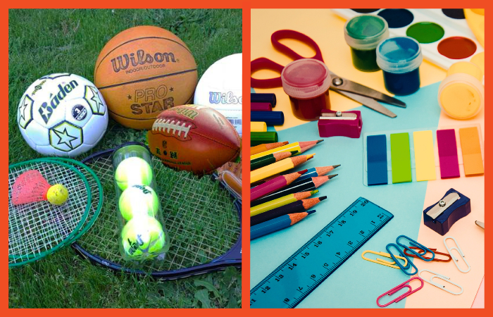 A photo of various sports balls next to a photo of art supplies