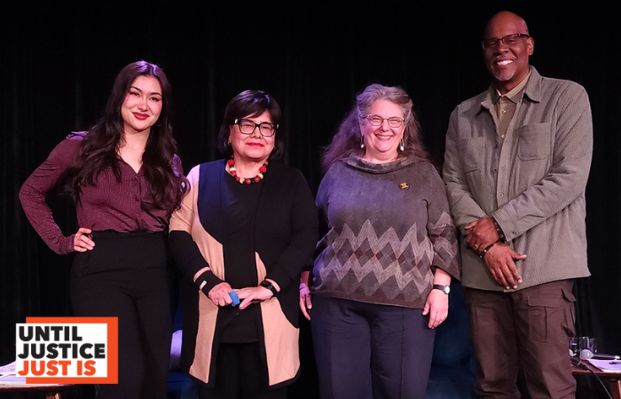 Photo of our 2026 UJJI speakers standing together. From left to right: Margaret Dungo Gritten, Estela Ortega, Alison Eisinger, and Gregory Davis