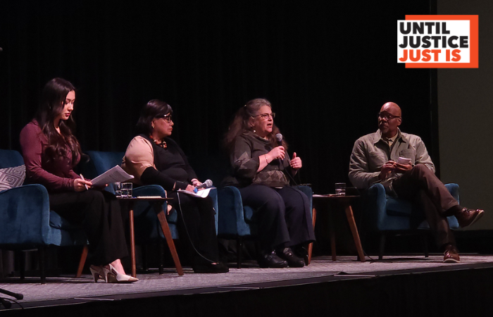 Photo of our 2026 UJJI speakers sitting on stage together. From left to right: Margaret Dungo Gritten, Estela Ortega, Alison Eisinger, and Gregory Davis