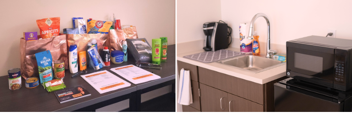 Two photos; one of donations of food and toiletries, the other of the standard kitchen.