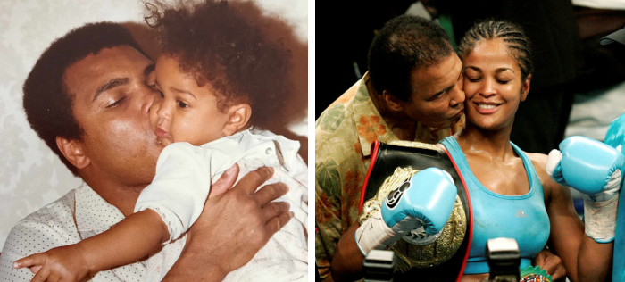 Laila Ali as a baby and an adult with her father, Muhammad Ali, who is giving her a kiss on the cheek.