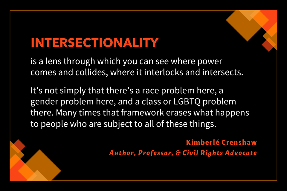 Intersectionality is a lens through which you can see where power comes and collides, where it interlocks and intersects. It’s not simply that there’s a race problem here, a gender problem here, and a class or LBGTQ problem there. Many times that framework erases what happens to people who are subject to all of these things.