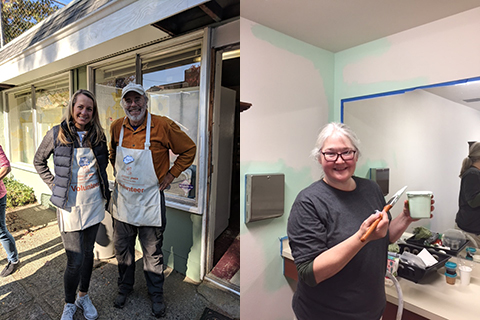 Left side: Two kitchen volunteers wearing aprons. Right side: Volunteer painting bathroom