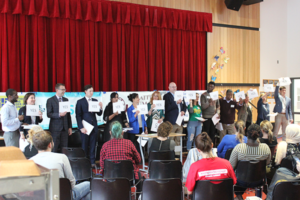 Candidates for the 2019 Seattle City Council election participate in a lightening round during a forum held by the Seattle Human Services Coalition