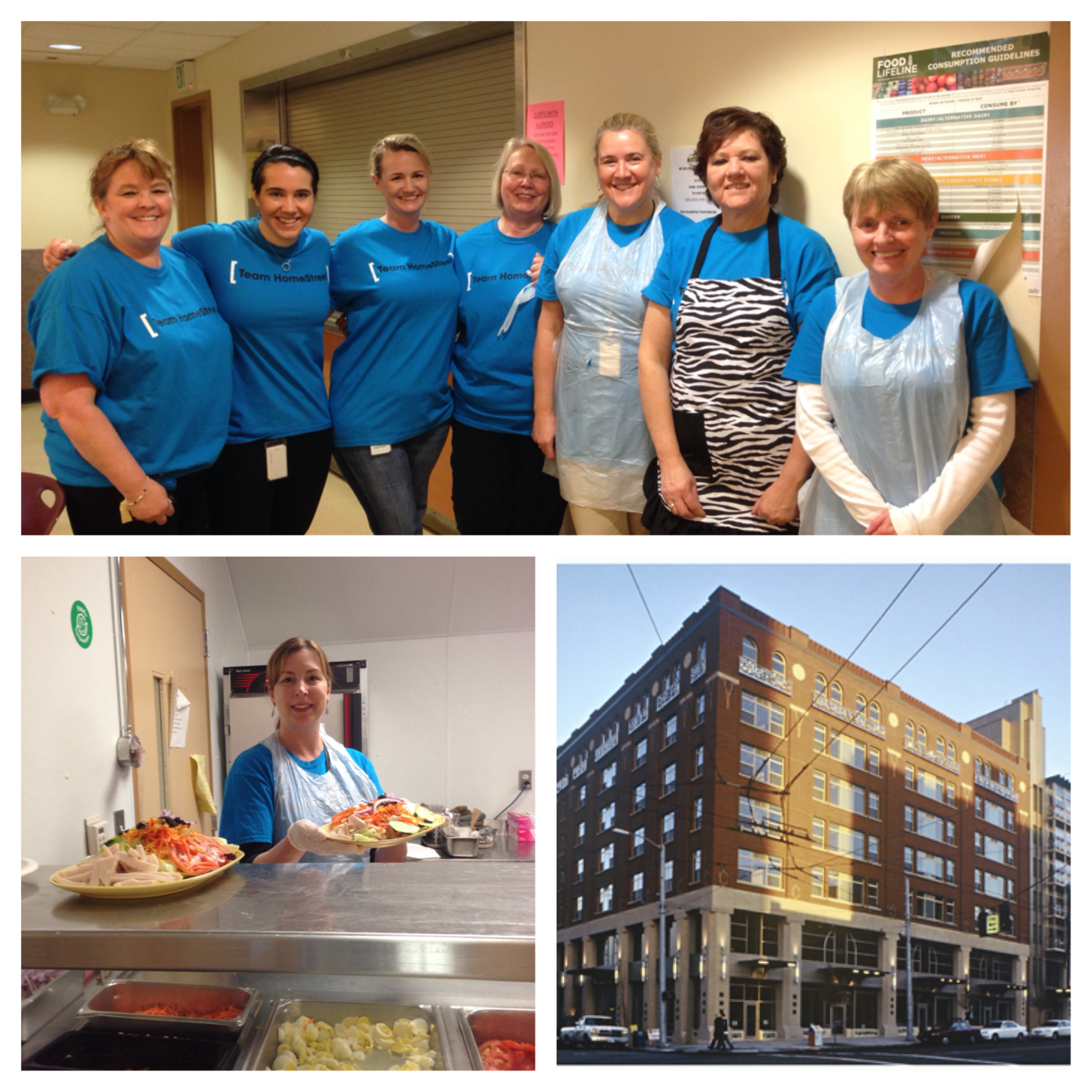 Collage of pictures of HomeStreet Bank volunteers at YWCA's Angeline's location, as well as a picture of Angeline's building