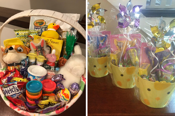 Two photos of homemade Easter Baskets full of toys, candy, and art supplies.