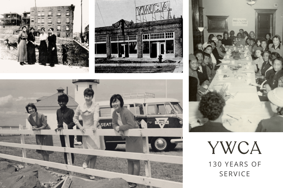 Photos of old YWCA locations, supporters, staff, and program participants.
