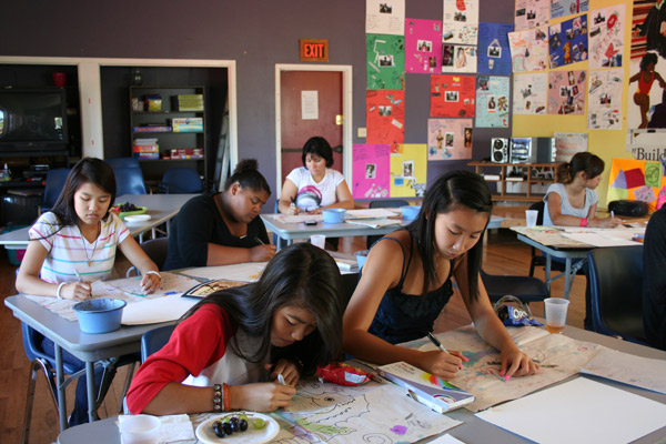 Students work in a classroom