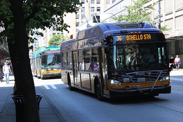 Buses drive on 3rd Ave