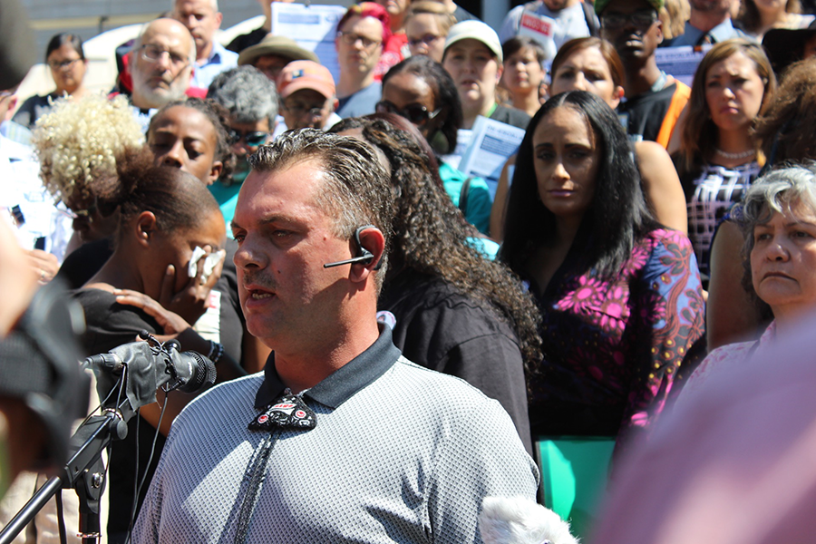 James Rideout speaking at a press conference. Rideout is a Puyallup Tribe Councilmember and uncle of Jackie Salyers, who was killed by Tacoma police on January 28, 2016. 