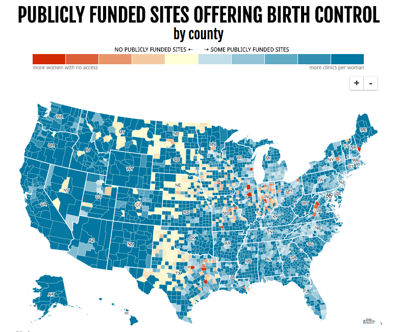 Map of USA showing how many clinics offer birth control per population