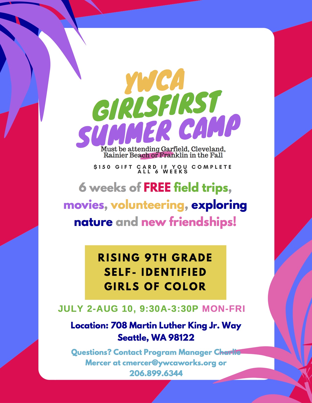 Event details for the YWCA GirlsFirst Summer Camp