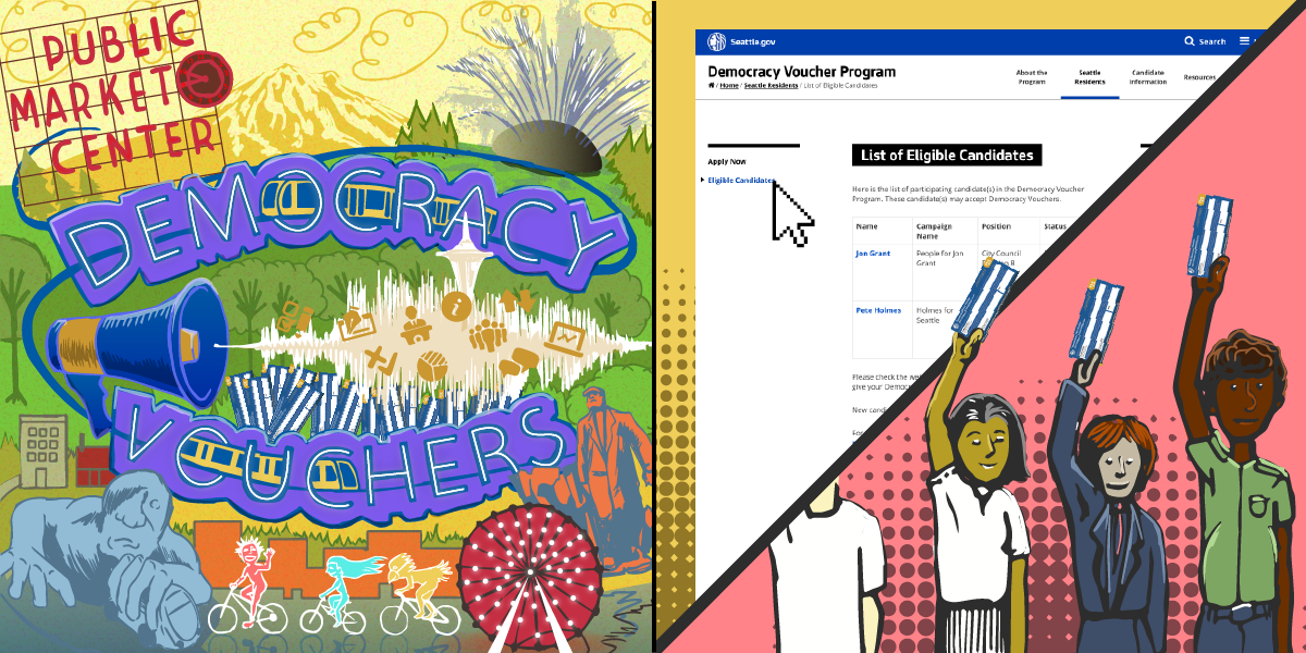 Graphic showing Seattle landmarks and the words "democracy vouchers" over them