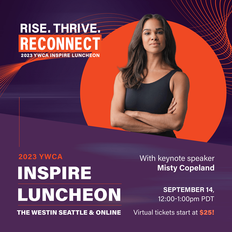 Photo of Misty Copeland with YWCA's "Rise, Thrive, and Reconnect" Luncheon logo