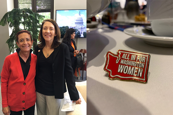 YWCA CEO Maria Chavez Wilcox stands with Washington U.S. Senator Maria Cantwell, who wears the YWCA 125 pin