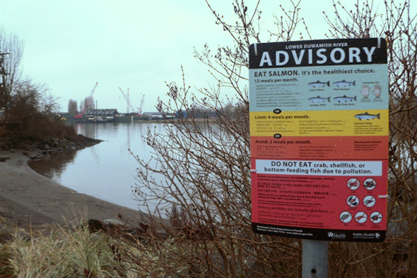 The toxic warning sign along the Duwamish River in Seattle