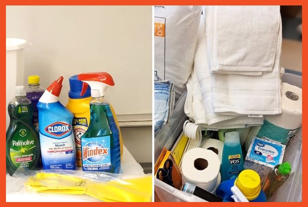 Two photos of various cleaning supplies together.