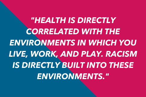 Graphic that says: Health is directly correlated with the environments in which you live, work, and play. Racism is directly built into these environments. 