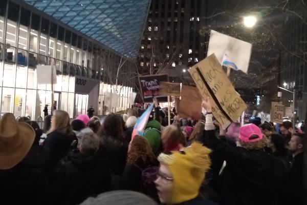 A protest against an anti-trans group speaking at the Seattle Public Library