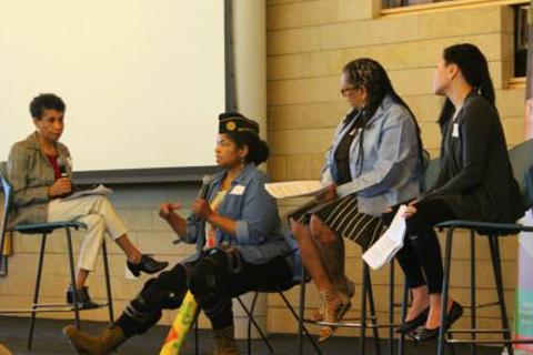 From left to right: Moderator Frances Carr, YWCA People of Color Executive Council; Panelists: Sheila Sebron, Veteran Service Officer with the American Legion; Michelle Allen, activist and author; Cathy Nguyen, Poet Laureate and Housing Operations Manager, YWCA.