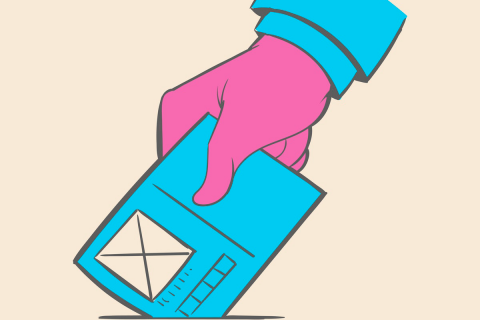 Drawing of a hand dropping off a ballot