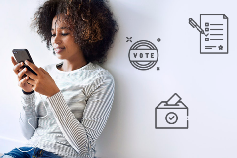 A young black woman reads election news