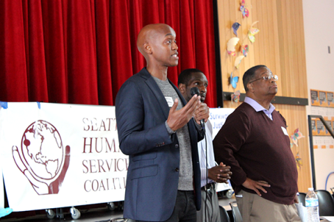 Girmay Zahilay , Marcus Harrison Green, and Larry Gossett at the Seattle Human Services Coalition Candidate Forum