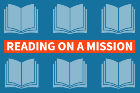 Graphic with books that says "reading on a mission"