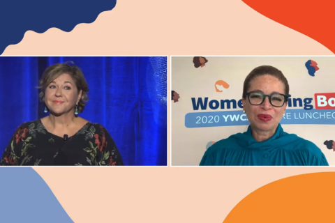 Screen grab of Elisa Jaffe and Valerie Jarrett from the September 10 YWCA Luncheon online event