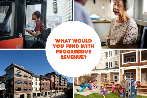 "What would you fund with progressive revenue?" over photos of childcare, buses, housing, and a health clinic