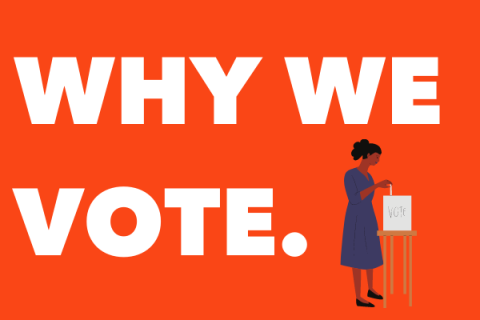 The words "Why we vote" with an image of a Black woman casting her vote