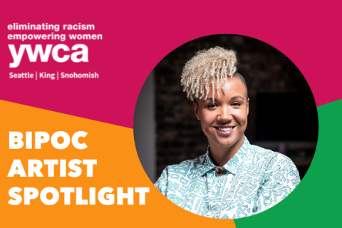 Tri-color graphic with the YWCA logo, a photo of Enjoli Izidor, and the text "BIPOC ARTIST SPOTLIGHT"