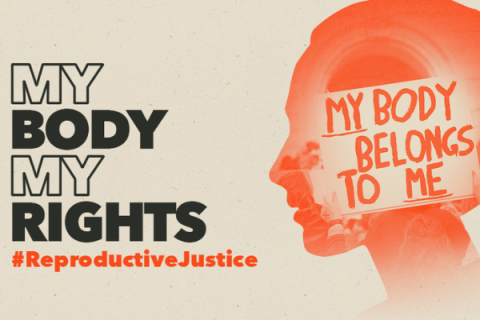 Person's silhouette with the words "My body belongs to me" superimposed on top. Additional text reads: "My body my rights. #ReproductiveJustice"