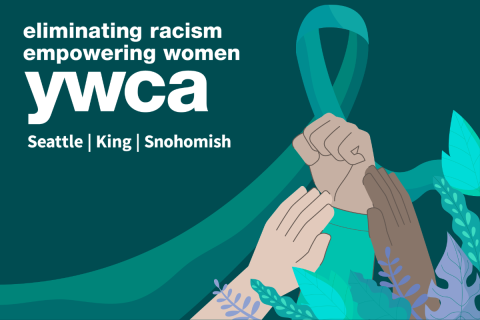 YWCA logo against a teal background with a graphic of three hands together in front of a ribbon.