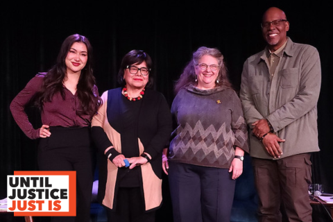Photo of our 2026 UJJI speakers standing together. From left to right: Margaret Dungo Gritten, Estela Ortega, Alison Eisinger, and Gregory Davis