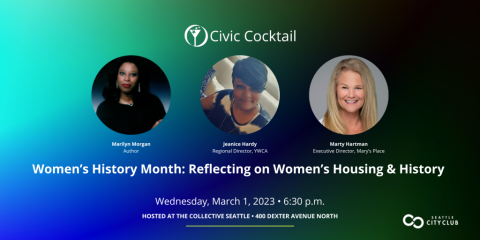 Graphic promoting Seattle CityClub's Civic Cocktail event, featuring YWCA's Jeanice Hardy