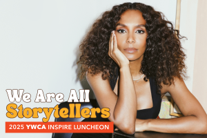 A photo of Janet Mock against an off-white background with "We Are All Storytellers 2025 YWCA Inspire Luncheon" in the bottom left corner